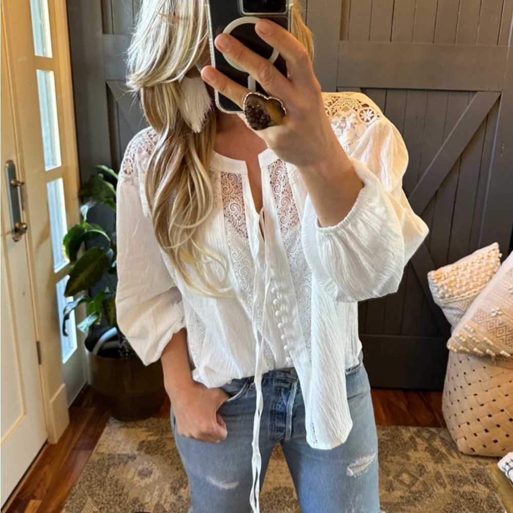 New White Lace Inset 3/4 Sleeve Button Front Floral Blouse Top Women's Boho - Picture 2 of 11